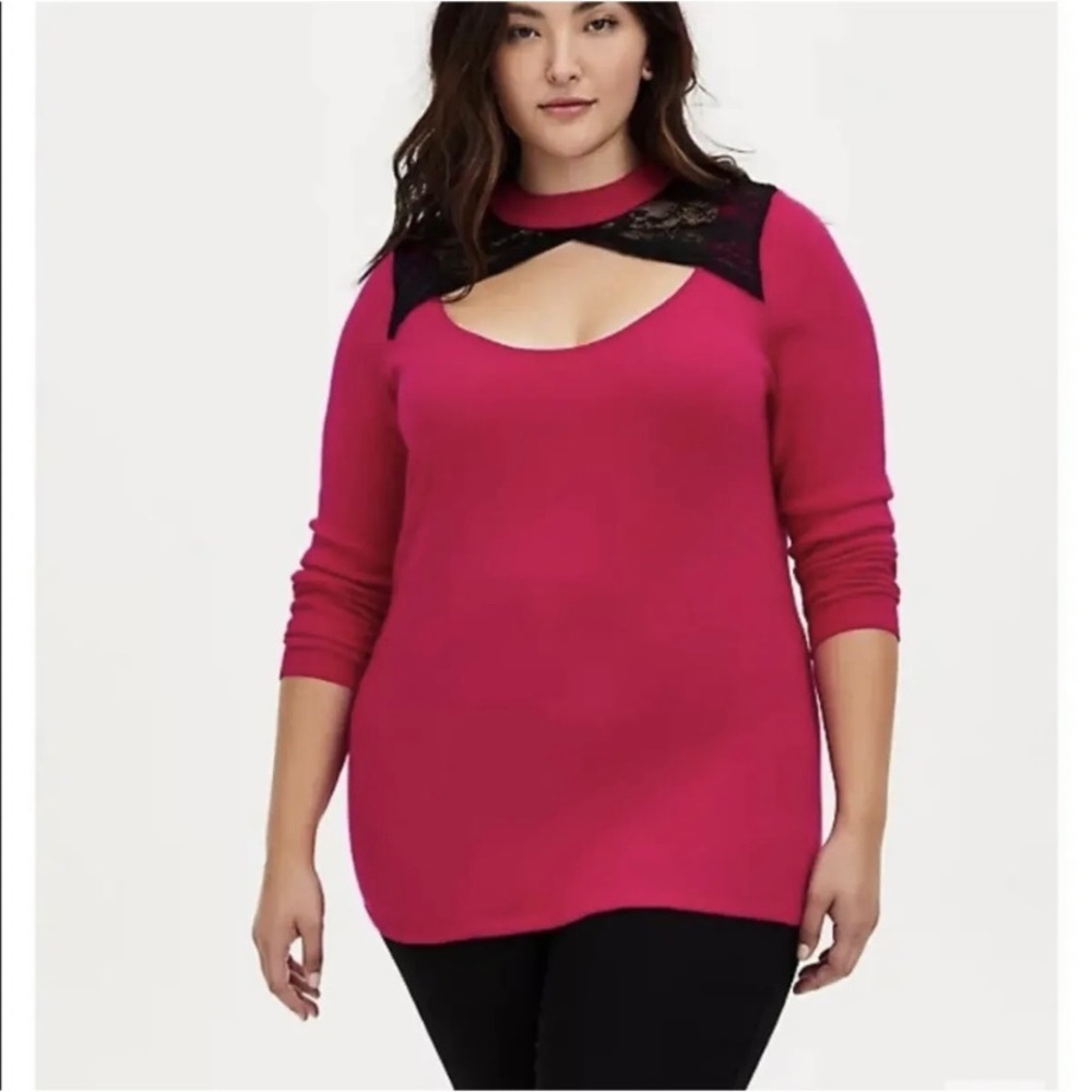 Torrid Sweater‎ Women’s 2X Pink Pullover Keyhole Lace Trim Long Sleeve Stretch.